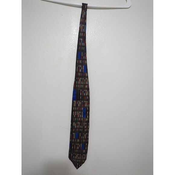Fratelli Moda Mens Necktie Abstract Black Multicolor Stripe 100% Silk Italy - Picture 1 of 6